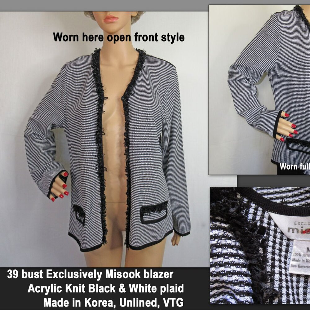 39 bust Exclusively Misook blazer, Acrylic Knit Black & White plaid, Soft fringe
